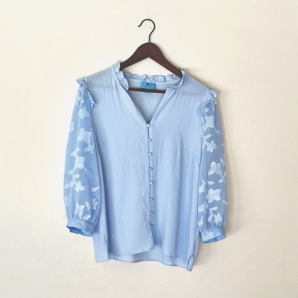 Cece Sheer-Sleeve Button Down Blouse, Large